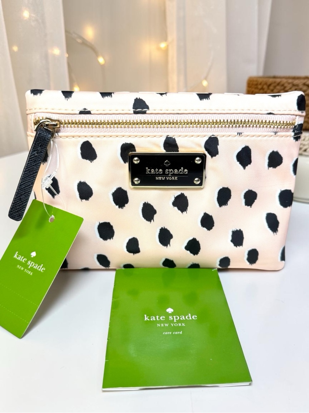 Kate Spade ♠️ Polka Dot Nylon Cosmetic Pouch Wristlet Pink Black Zip Clutch ✨NWT - Picture 2 of 10
